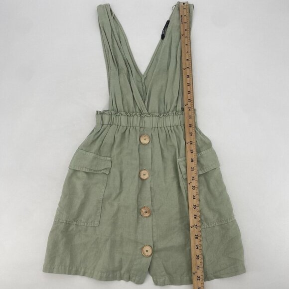 ZARA Size S Sage Green Sleeveless Linen V-Neck Pinafore Dress Overall Mini - Picture 6 of 12